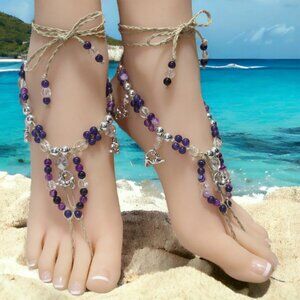 NEW Silver Cats & Purple Gemstone Barefoot Sandals. Belly dance foot jewelry.